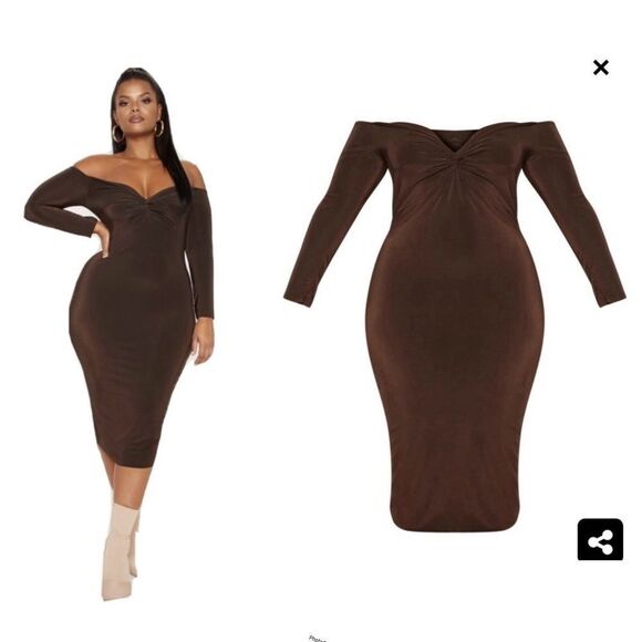 PrettyLittleThing Chocolate Brown 3/4 Sleeve Twist Front Midi Dress Size 14 - Picture 1 of 7